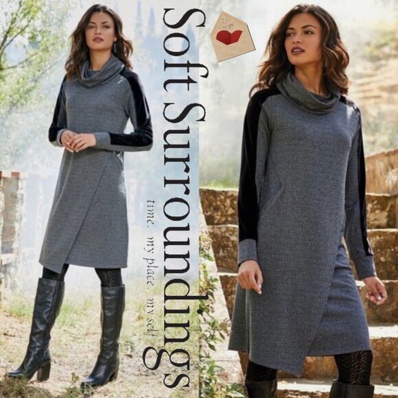 Soft Surroundings Moderne Cowl Herringbone Dress Crossover Hem Velvet Women PM - Picture 2 of 13